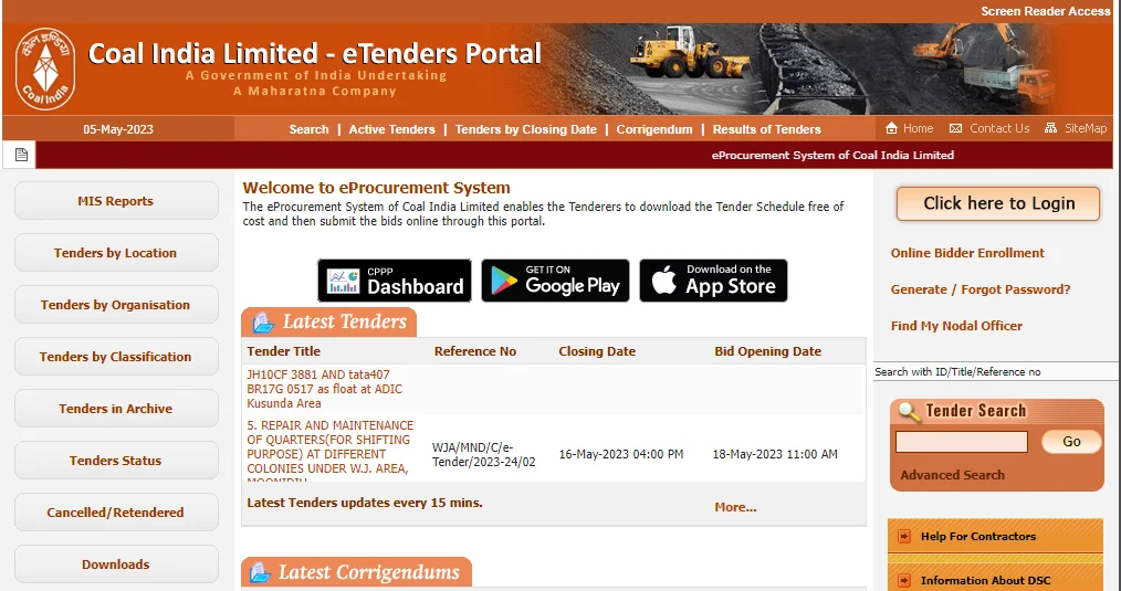 eProcurement System of Coal India Limited enables the Tenderers