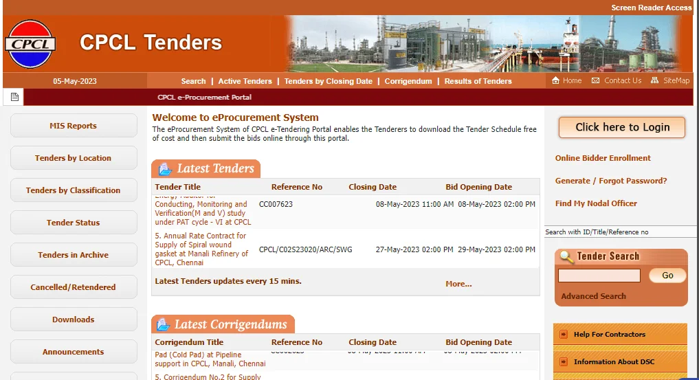 eProcurement System of CPCL e-Tendering Portal